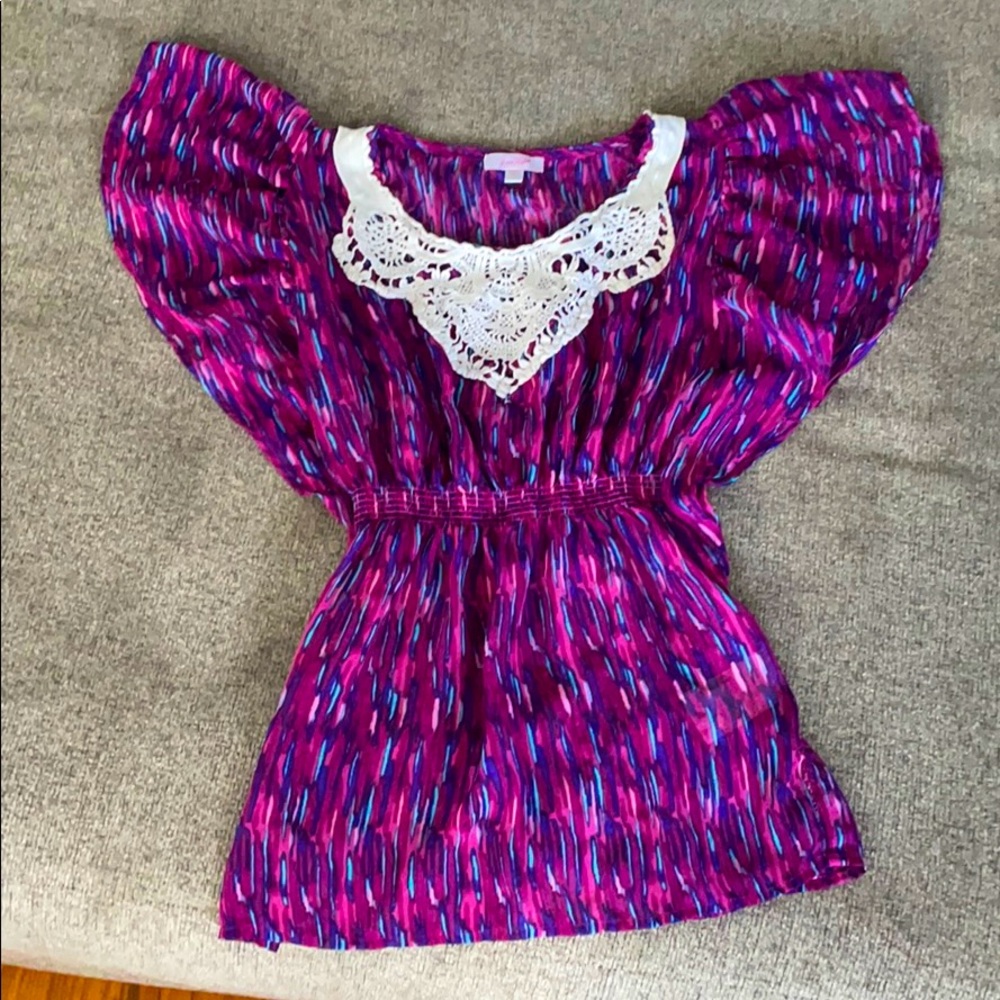 Pink blue teal and purple short sleeve shirt